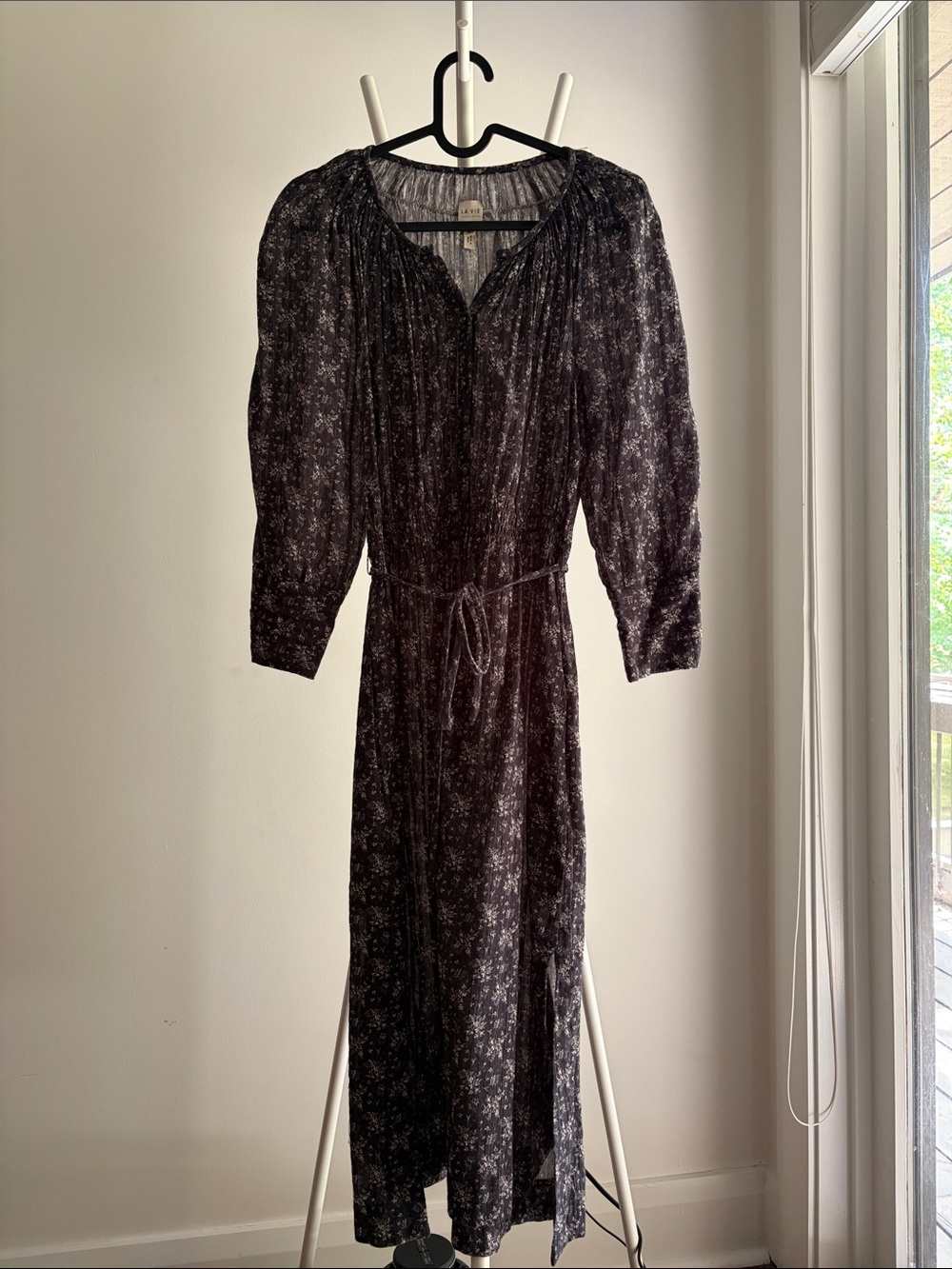 Rebecca Taylor Black Floral Maxi Dress with Tie Waist